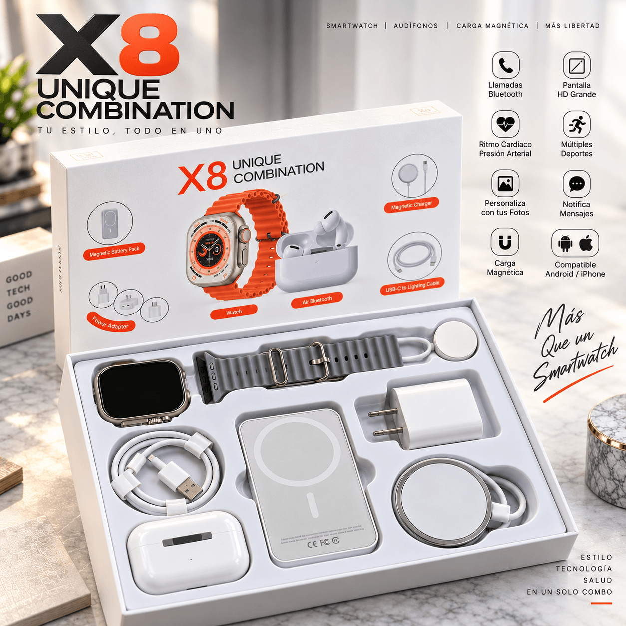 Combo X8 Ultra Smartwatch + Audífonos + Power Bank 10000mAh

